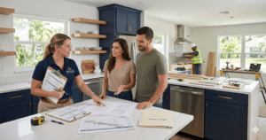 Property Fixology contractor working on a residential home remodel in Orlando, Florida with new kitchen cabinets and tile flooring installation in progress.