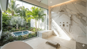 Modern walk in shower with frameless glass, large-format porcelain tile, and built-in niche in a Central Florida home remodel by Property Fixology