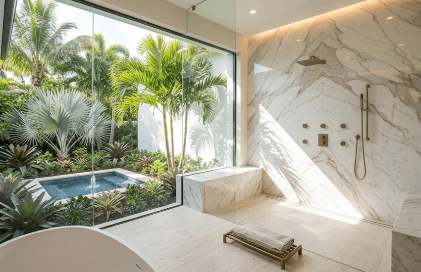 Modern walk in shower with frameless glass, large-format porcelain tile, and built-in niche in a Central Florida home remodel by Property Fixology