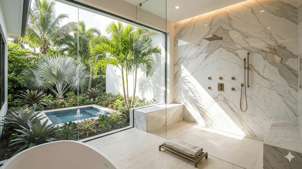Modern walk in shower with frameless glass, large-format porcelain tile, and built-in niche in a Central Florida home remodel by Property Fixology