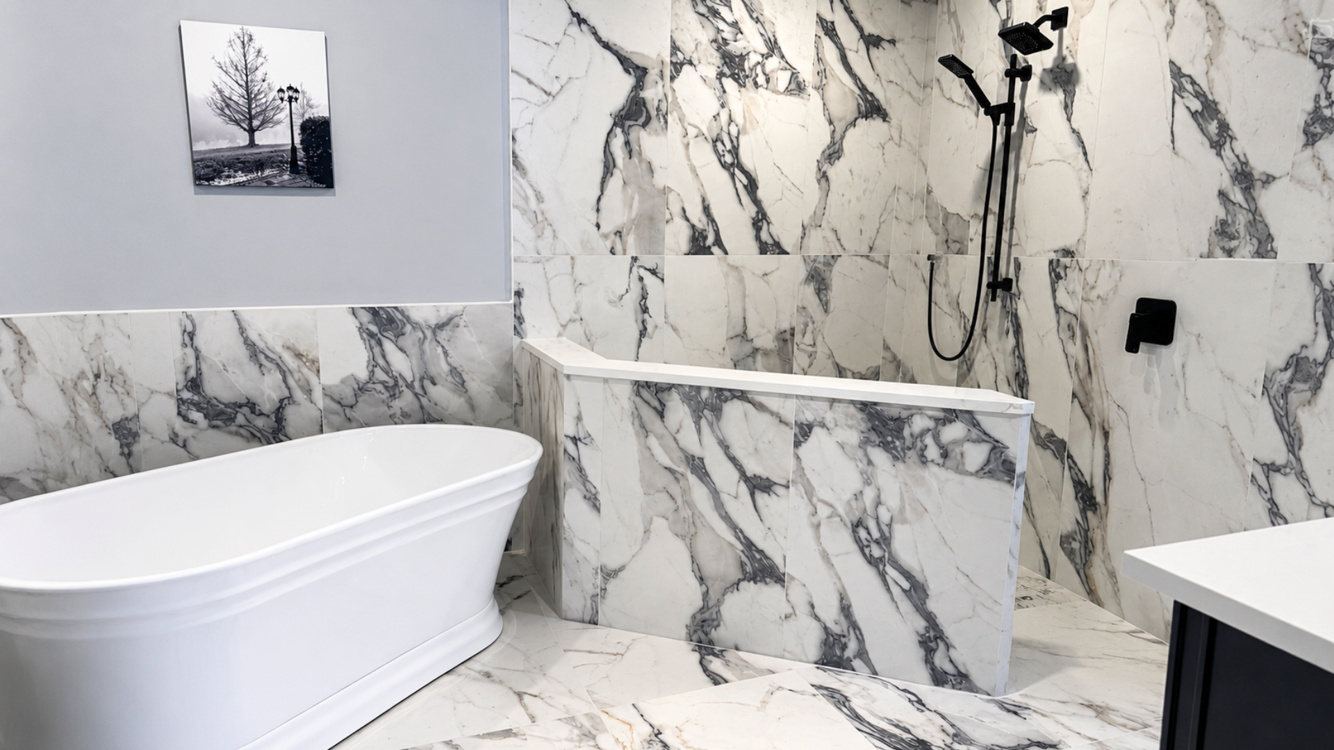 Custom Bathroom Makeover with custom tile and modern fixtures
