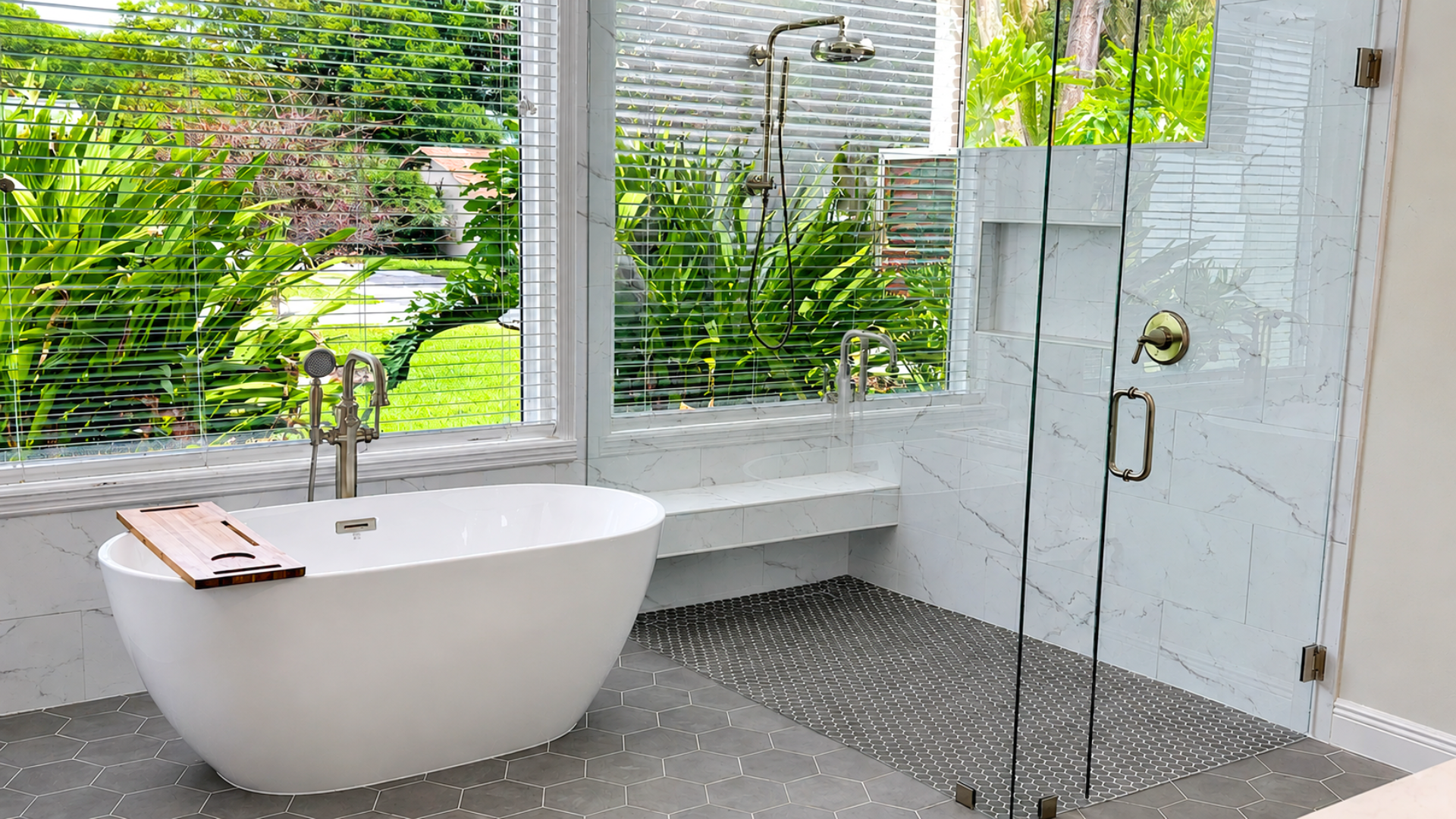 Bathroom Renovation with freestanding tub and glass-enclosed shower
